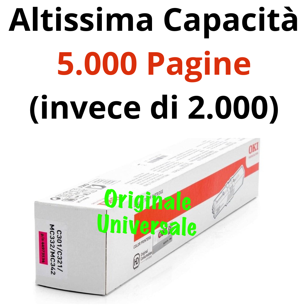 Toner OKI Originale-Universale™ per C310 C330 C331 C510 C511 C530 C531 MC351 MC352 MC361 MC362 MC561 MC562 da 5.000 Pagine A4 (invece di 2.000) - Magenta - 44469705